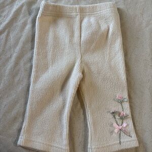Vintage Cream Corduroy-Like Kids Pants with Pink Floral Embroidery